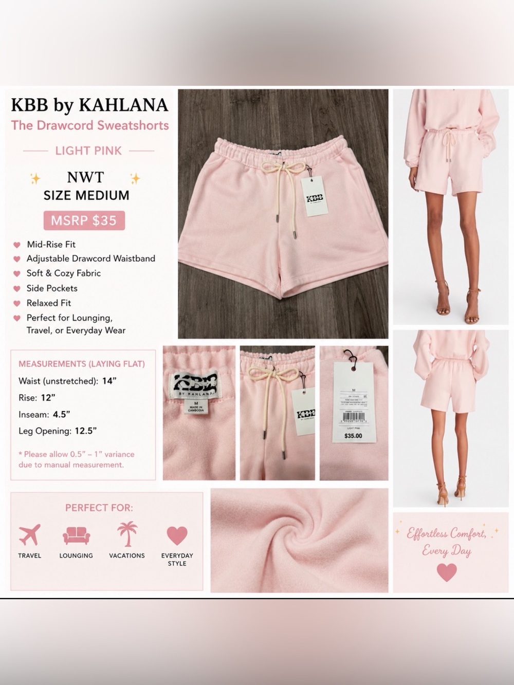 NWT KBB by Kahlana Women’s Mid-RiseThe Drawcord Size Medium Light Pink